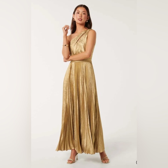 Ever New Elegant Gold Metallic One-Shoulder Cut Out Pleated Maxi Dress (Size 4) - Picture 2 of 15